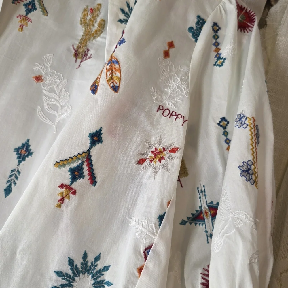 Johnny Was Southwestern Embroidered Top Western Cactus Puff Sleeve S